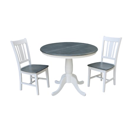 International Concepts Round 36 in Rd Extension Dining Table, 2 San Remo Chairs, White/Heather Gray, 36 W, 48 L, 29.3 in H K05-36RXT-C10-2